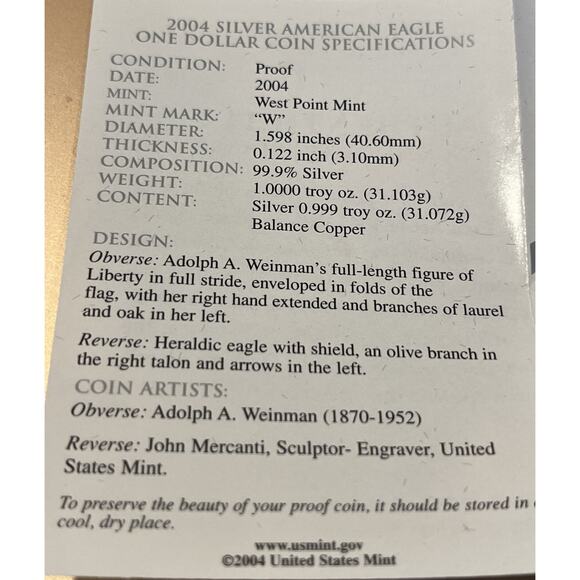 2004-W US Mint 1 oz Silver Proof American Eagle $1 Bullion Coin .999 COA troy oz - Picture 4 of 4